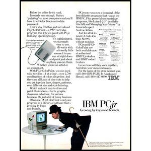 1984 IBM PCjr Personal Desktop Computer Charlie Chaplin Vintage Print Ad Decor